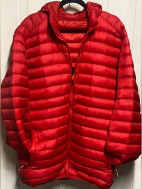Red Lightweight Puffer Jacket Hooded Zip Up Coat Unisex ~XL